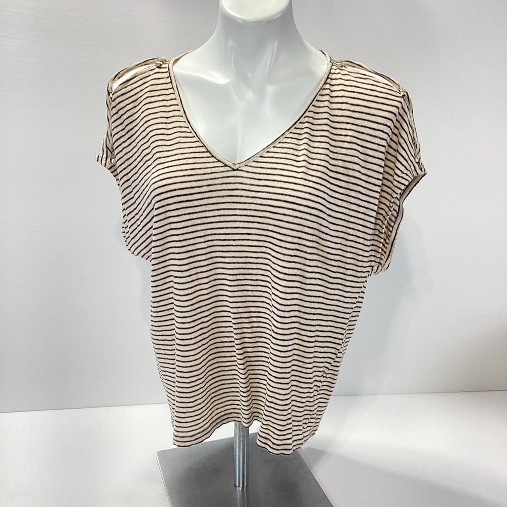 Lucky Brand Striped V-Neck Top Peek a Book Shoulder XL